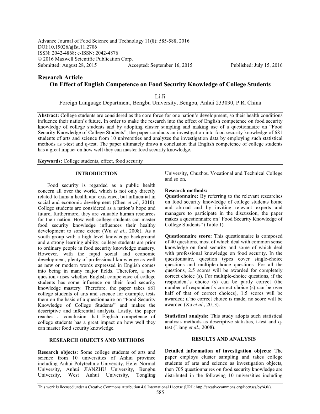 Research Article on Effect of English Competence on Food Security Knowledge of College Students