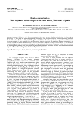 New Report of Aedes Albopictus in Souk Ahras, Northeast Algeria