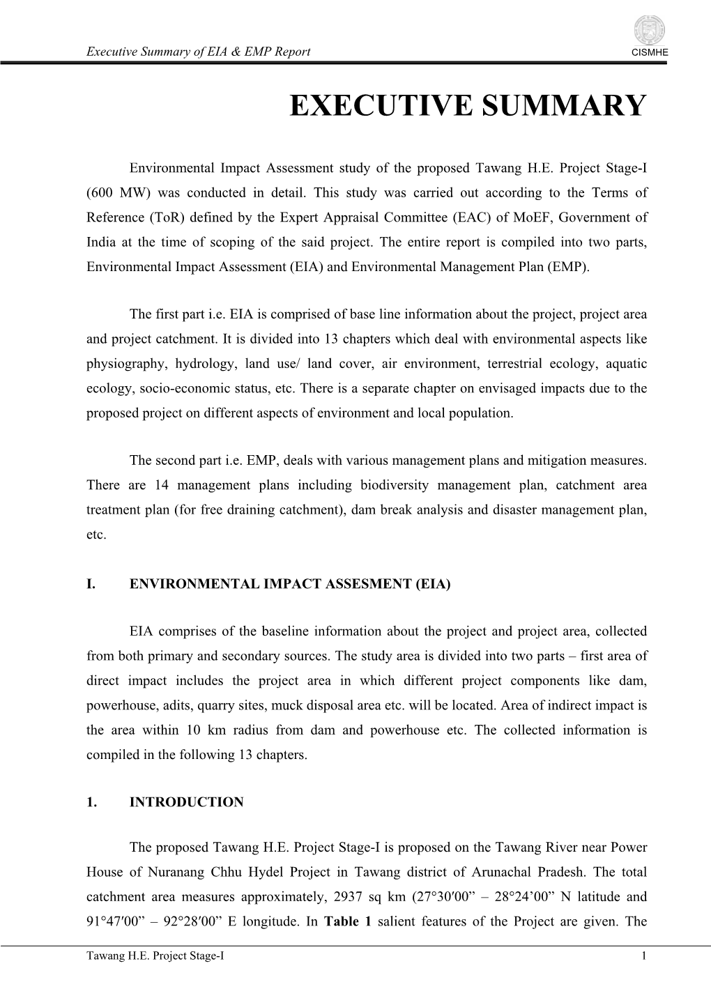 Executive Summary of EIA & EMP Report CISMHE