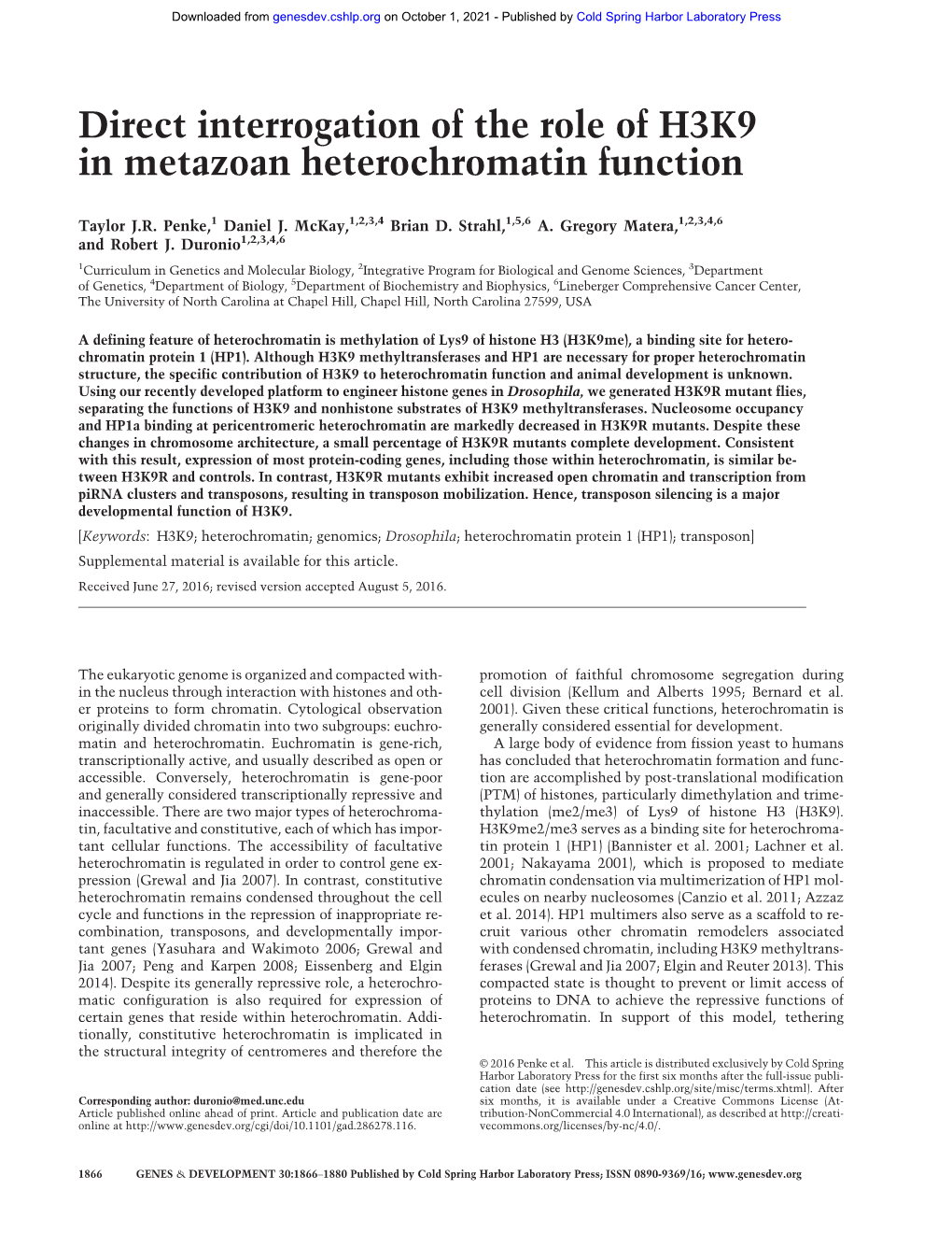 Direct Interrogation of the Role of H3K9 in Metazoan Heterochromatin Function