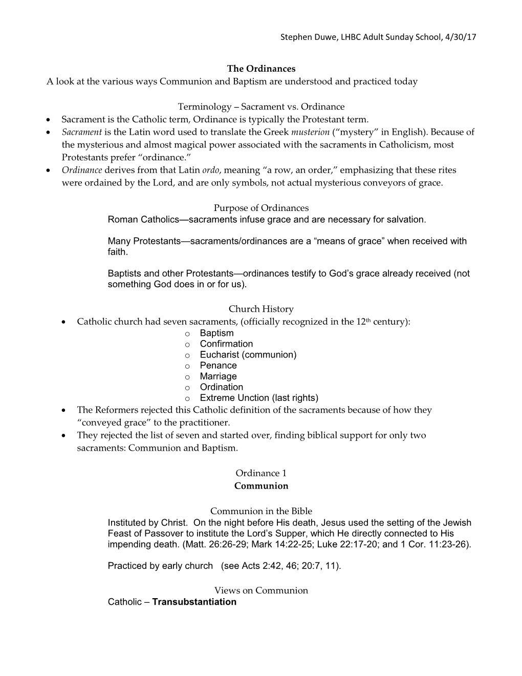 Stephen Duwe, LHBC Adult Sunday School, 4/30/17 the Ordinances A