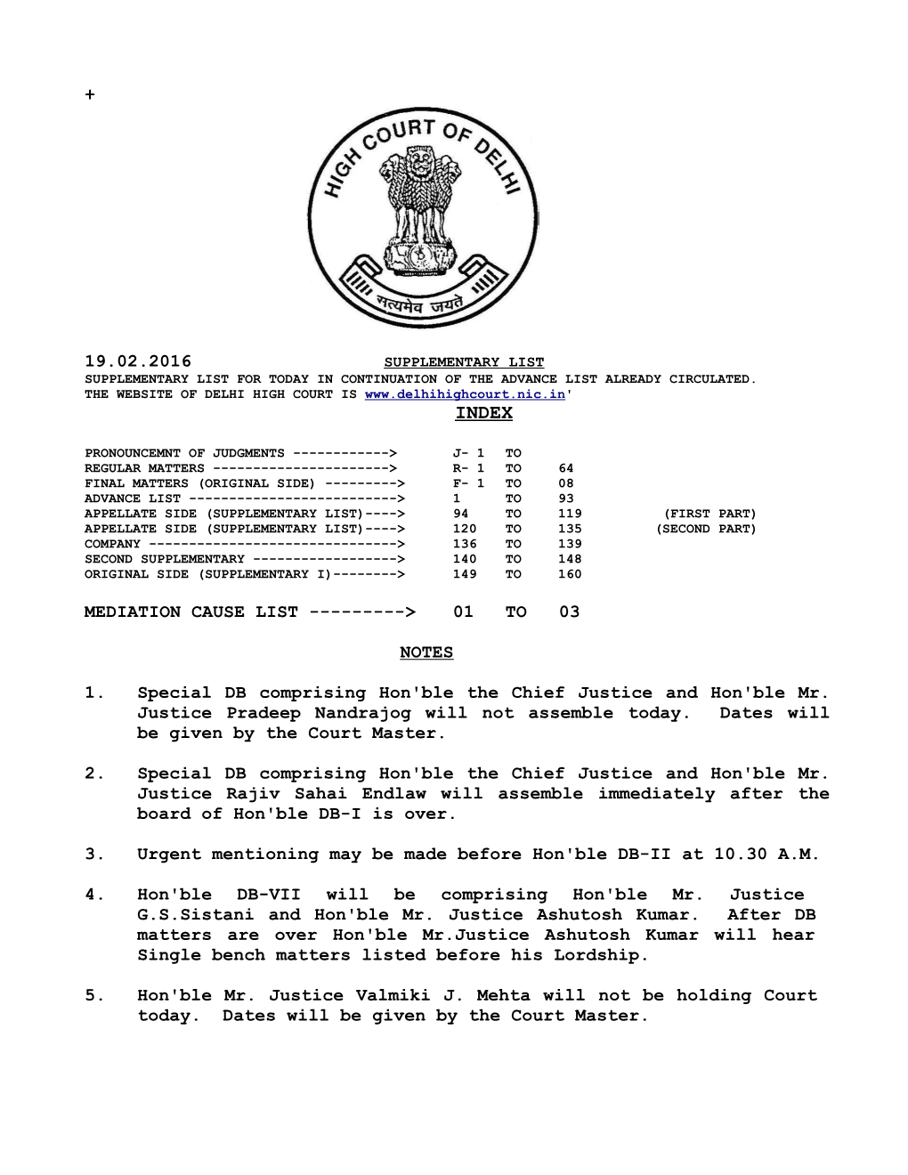 01 to 03 NOTES 1. Special DB Comprising Hon'ble the Chief