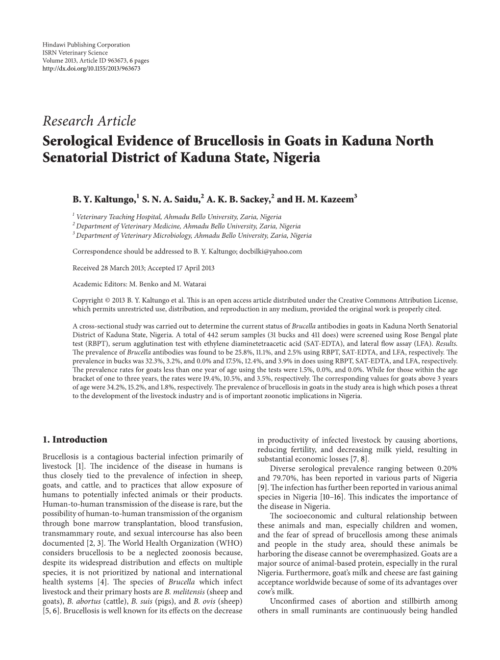 Serological Evidence of Brucellosis in Goats in Kaduna North Senatorial District of Kaduna State, Nigeria