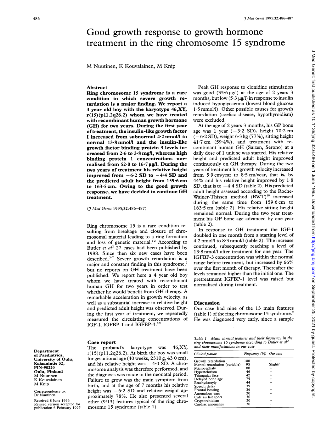 Treatment in the Ring Chromosome 15 Syndrome J Med Genet: First Published As 10.1136/Jmg.32.6.486 on 1 June 1995