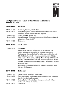 Art Againﬆ War and Fascism in the 20Th and 21ﬆ Centuries October