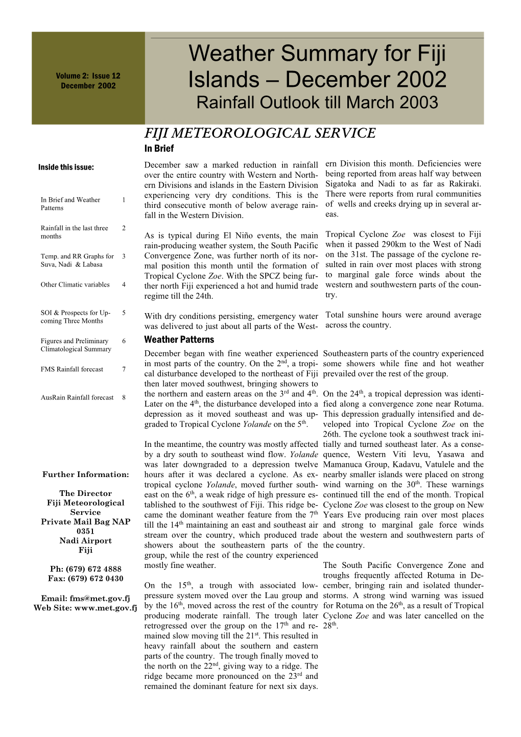 Weather Summary for Fiji Islands Œ December 2002