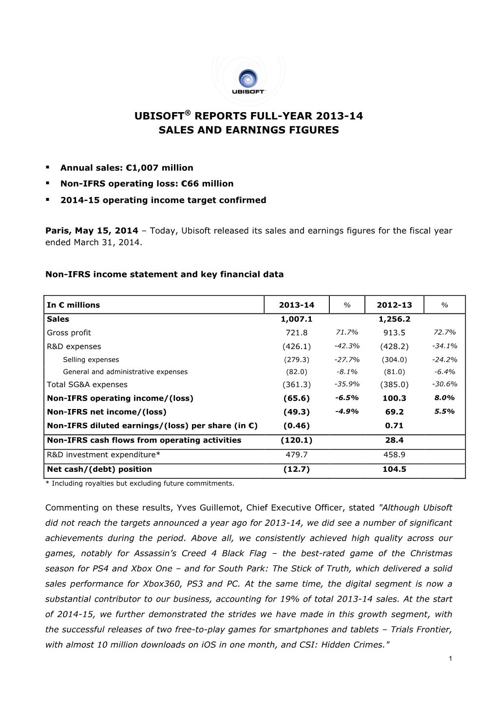 Ubisoft® Reports Full-Year 2013-14 Sales and Earnings Figures