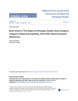 'The Origins of Himalayan Studies: Brian Houghton Hodgson in Nepal and Darjeeling, 1820-1858' Edited by David M