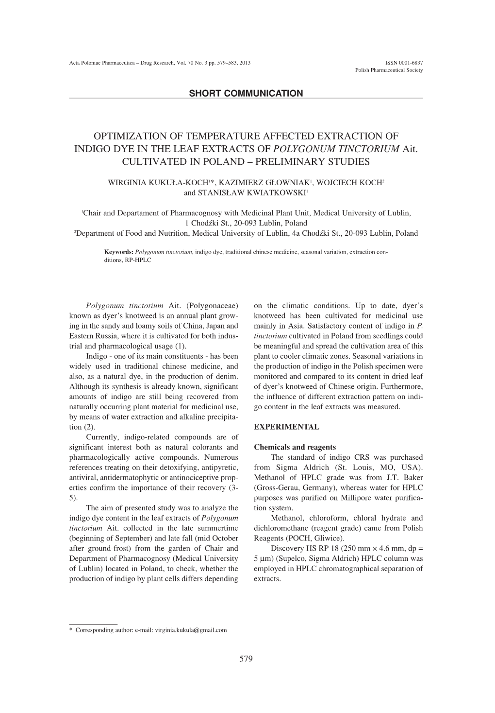 OPTIMIZATION of TEMPERATURE AFFECTED EXTRACTION of INDIGO DYE in the LEAF EXTRACTS of POLYGONUM TINCTORIUM Ait