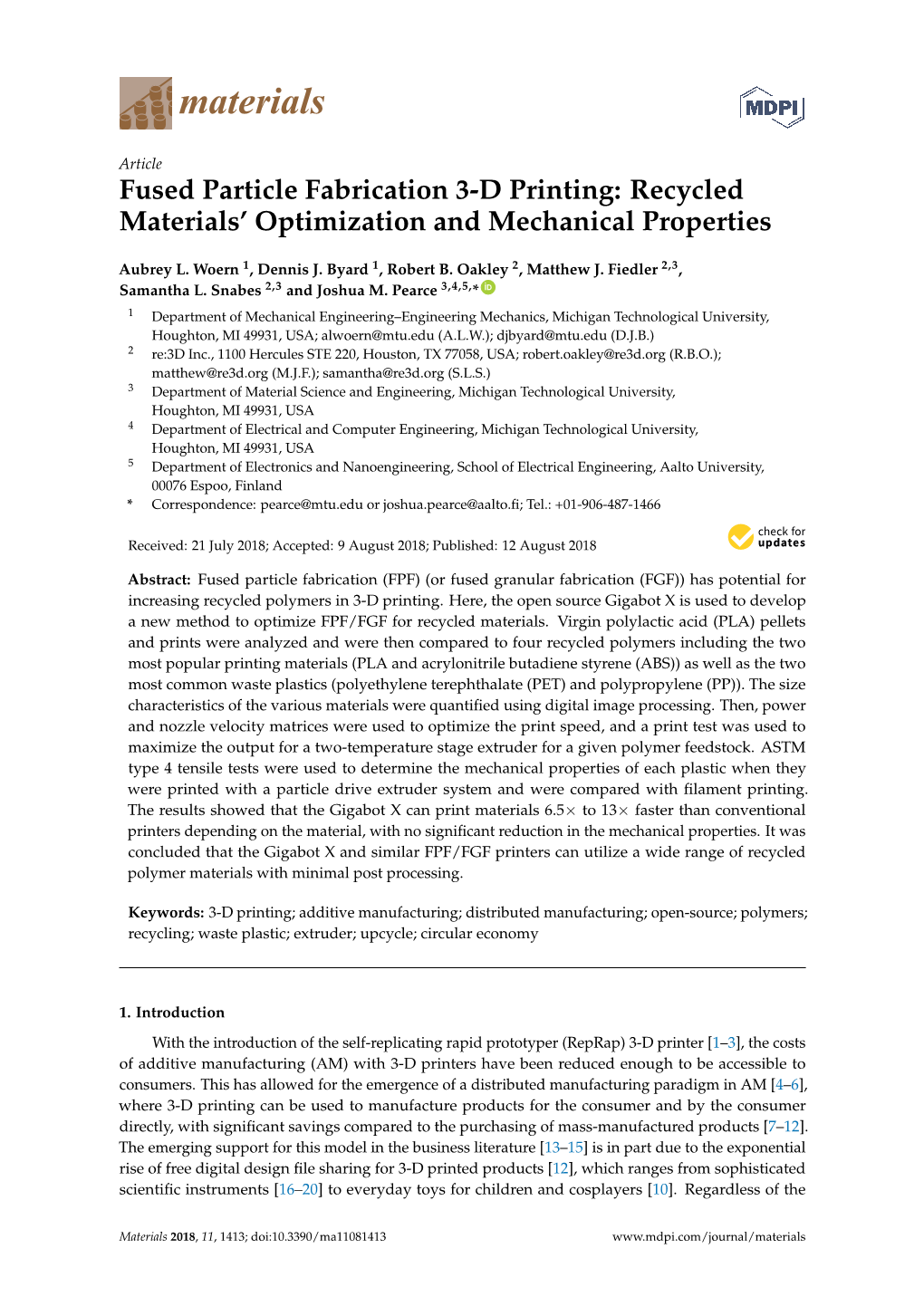 Fused Particle Fabrication 3-D Printing: Recycled Materials' Optimization and Mechanical Properties