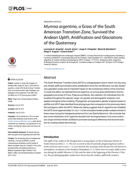 Munroa Argentina, a Grass of the South American Transition Zone, Survived the Andean Uplift, Aridification and Glaciations of the Quaternary