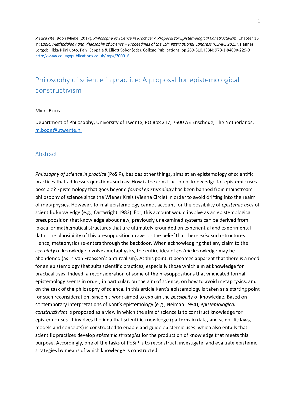 Philosophy of Science in Practice: a Proposal for Epistemological Constructivism