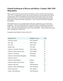 Finnish Settlement of Brown and Dickey Counties 1881-1955 Biographies