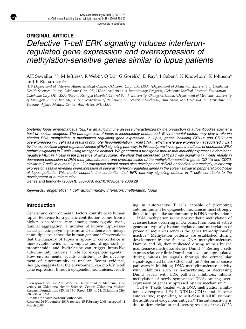 Regulated Gene Expression and Overexpression of Methylation-Sensitive Genes Similar to Lupus Patients