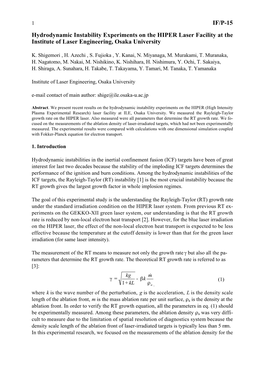 IF/P-15 Hydrodynamic Instability Experiments on the HIPER Laser Facility at the Institute of Laser Engineering, Osaka University