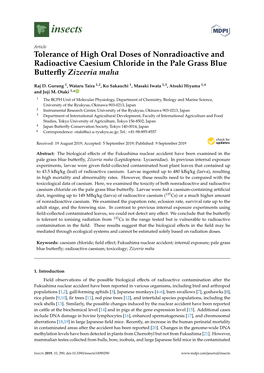 Tolerance of High Oral Doses of Nonradioactive and Radioactive Caesium Chloride in the Pale Grass Blue Butterﬂy Zizeeria Maha