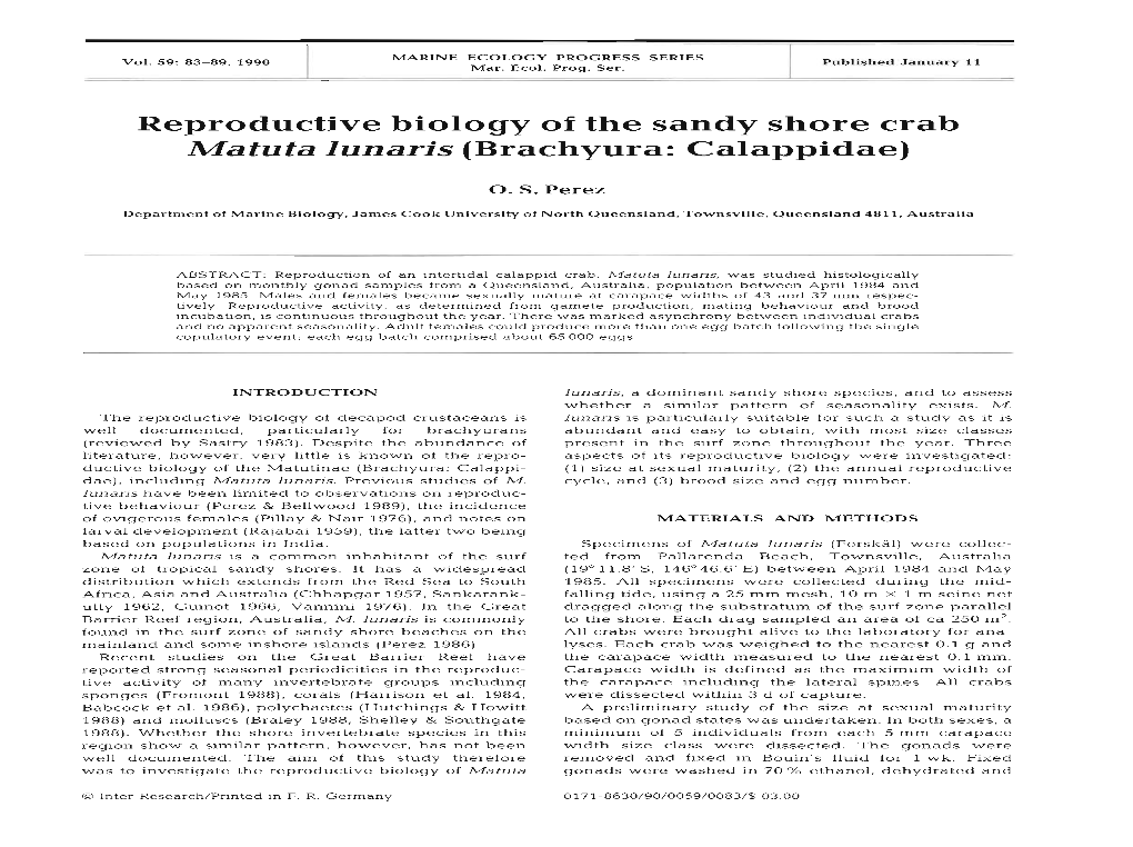 Reproductive Biology of the Sandy Shore Crab Matuta Lunaris (Brachyura: Calappidae)