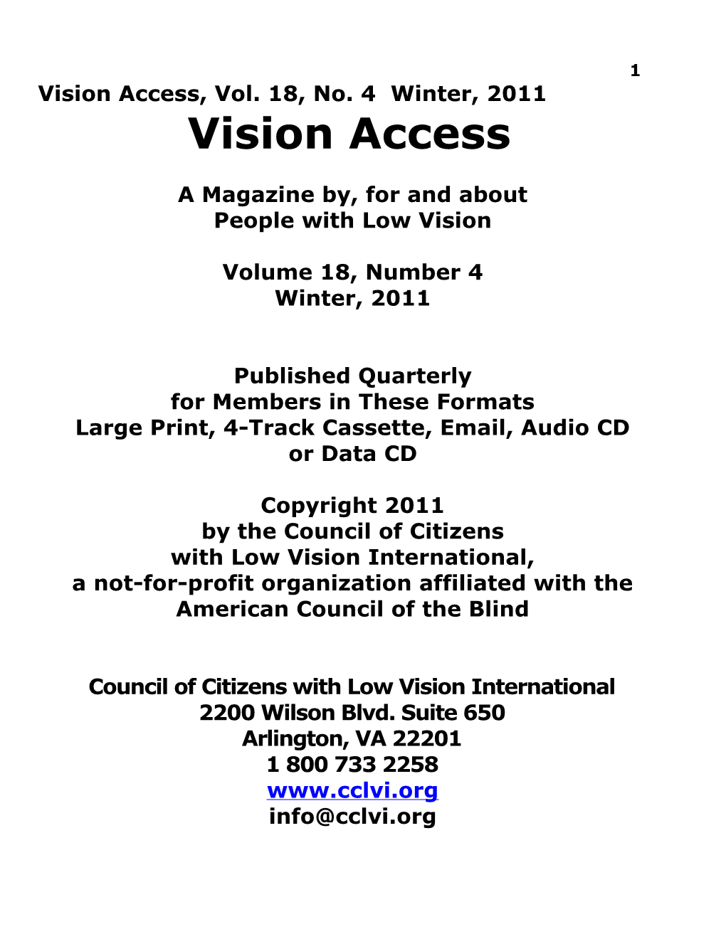 Vision Access, Vol. 18, No. 4 Winter, 2011