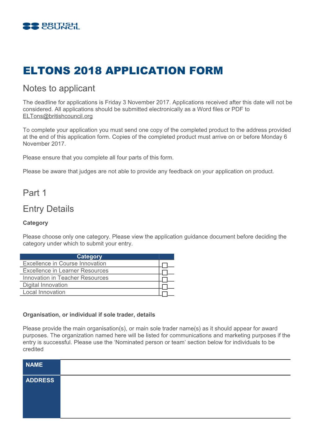 Eltons 2018 Application Form