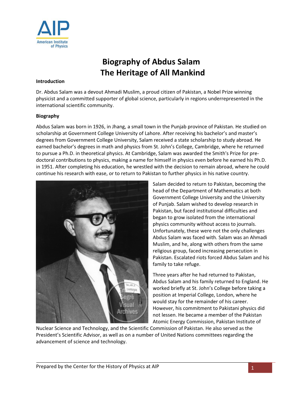 Biography of Abdus Salam the Heritage of All Mankind Introduction Dr