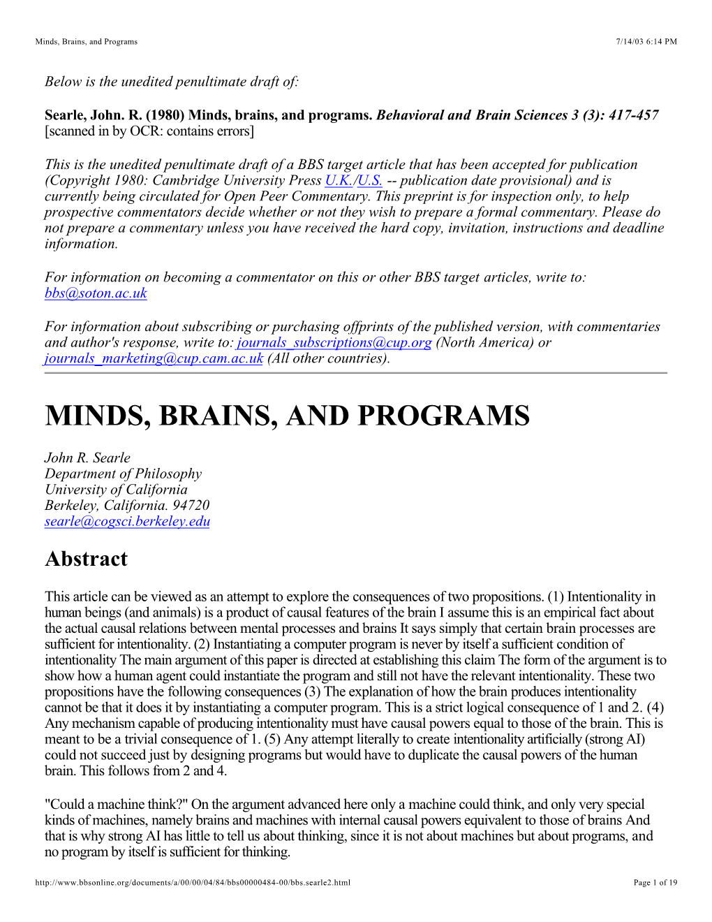 Minds, Brains, and Programs 7/14/03 6:14 PM