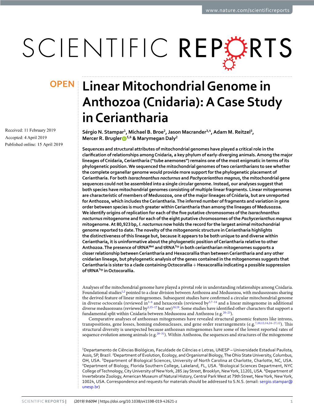 Linear Mitochondrial Genome in Anthozoa (Cnidaria): a Case Study in Ceriantharia Received: 11 February 2019 Sérgio N