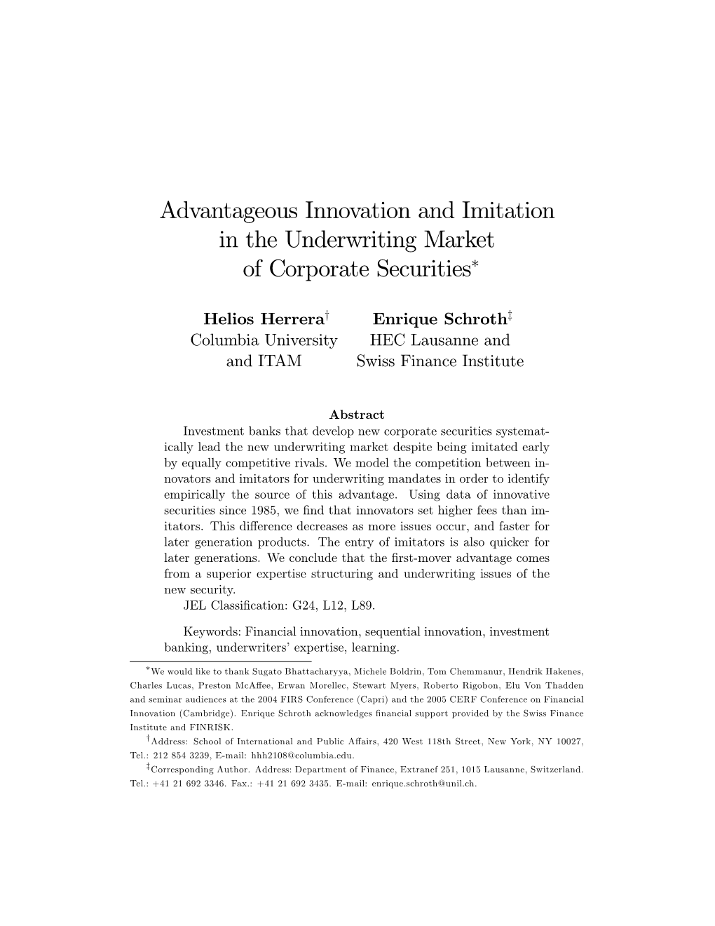 Advantageous Innovation and Imitation in the Underwriting Market of Corporate Securities