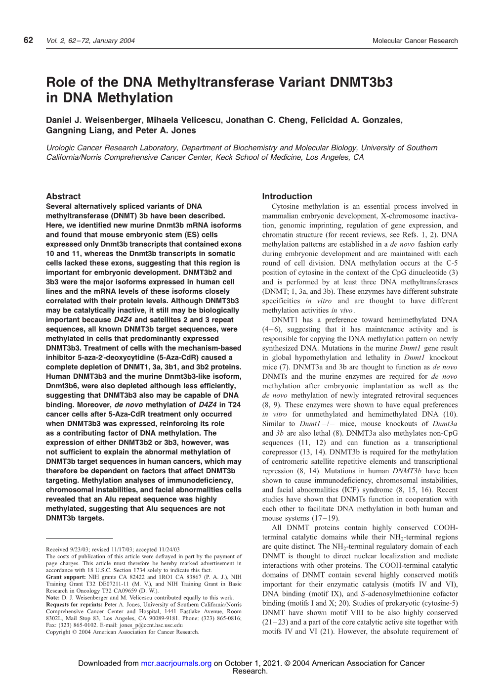 Role of the DNA Methyltransferase Variant Dnmt3b3 in DNA Methylation