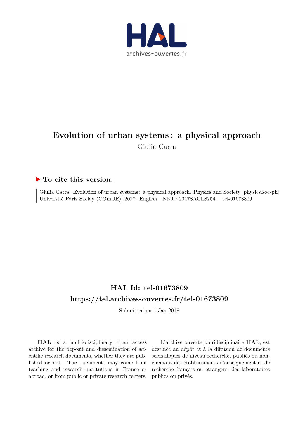 Evolution of Urban Systems: a Physical Approach