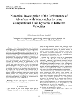 Numerical Investigation of the Performance of Ab-Anbars with Windcatcher by Using Computational Fluid Dynamic at Different Velocities