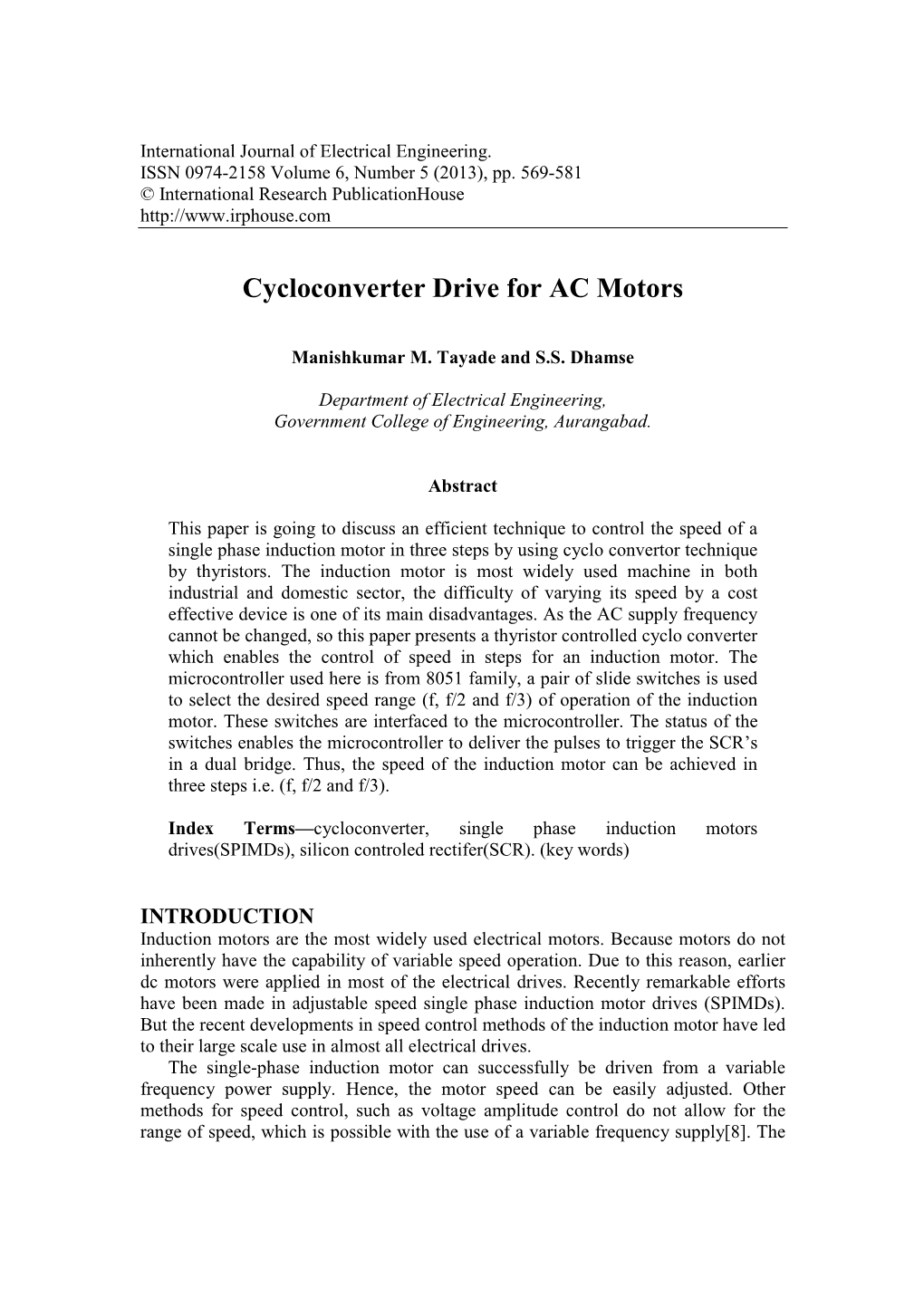 Cycloconverter Drive for AC Motors