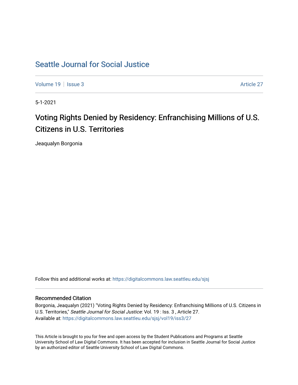 Voting Rights Denied by Residency: Enfranchising Millions of U.S. Citizens in U.S