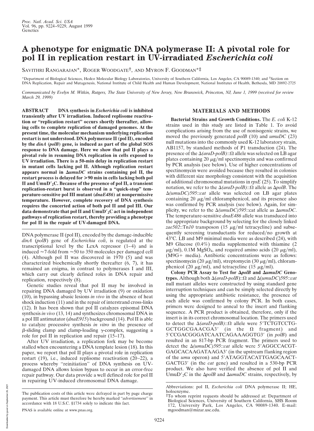 A Phenotype for Enigmatic DNA Polymerase II: a Pivotal Role for Pol II in Replication Restart in UV-Irradiated Escherichia Coli