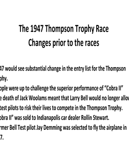 The 1947 Thompson Trophy Race Changes Prior to the Races