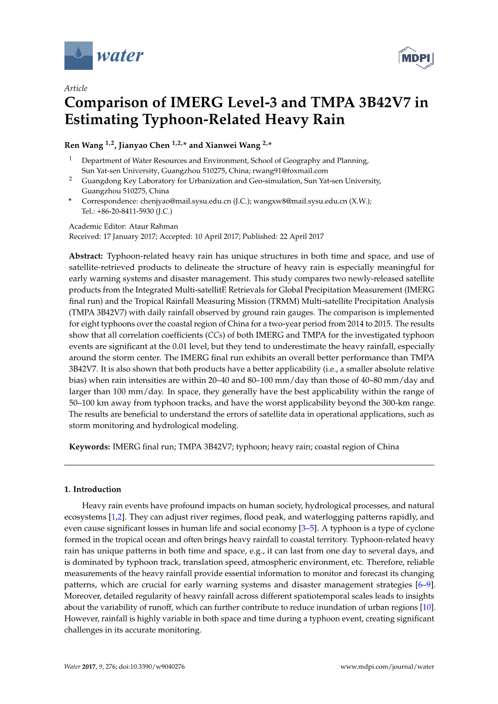 Comparison of IMERG Level-3 and TMPA 3B42V7 in Estimating Typhoon-Related Heavy Rain