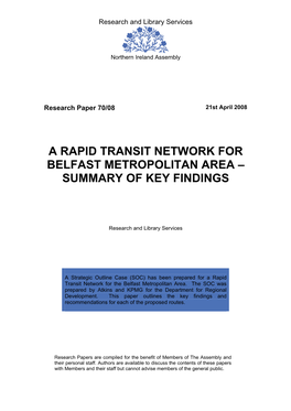 A Rapid Transit Network for Belfast Metropolitan Area – Summary of Key Findings