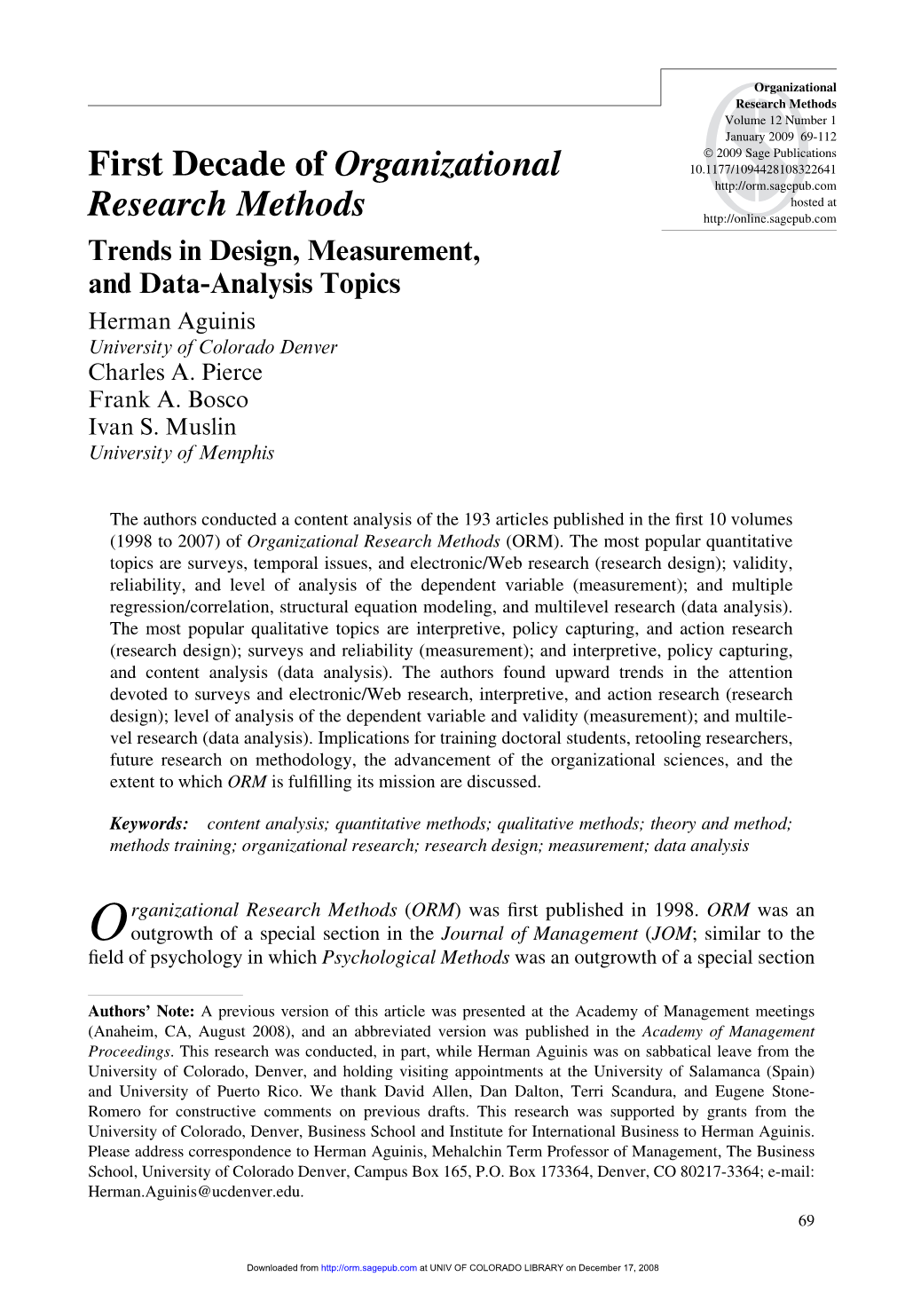 First Decade of Organizational Research Methods