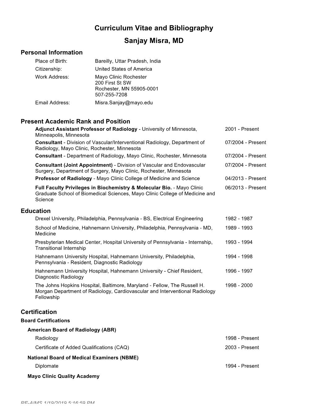 Curriculum Vitae and Bibliography Sanjay Misra, MD