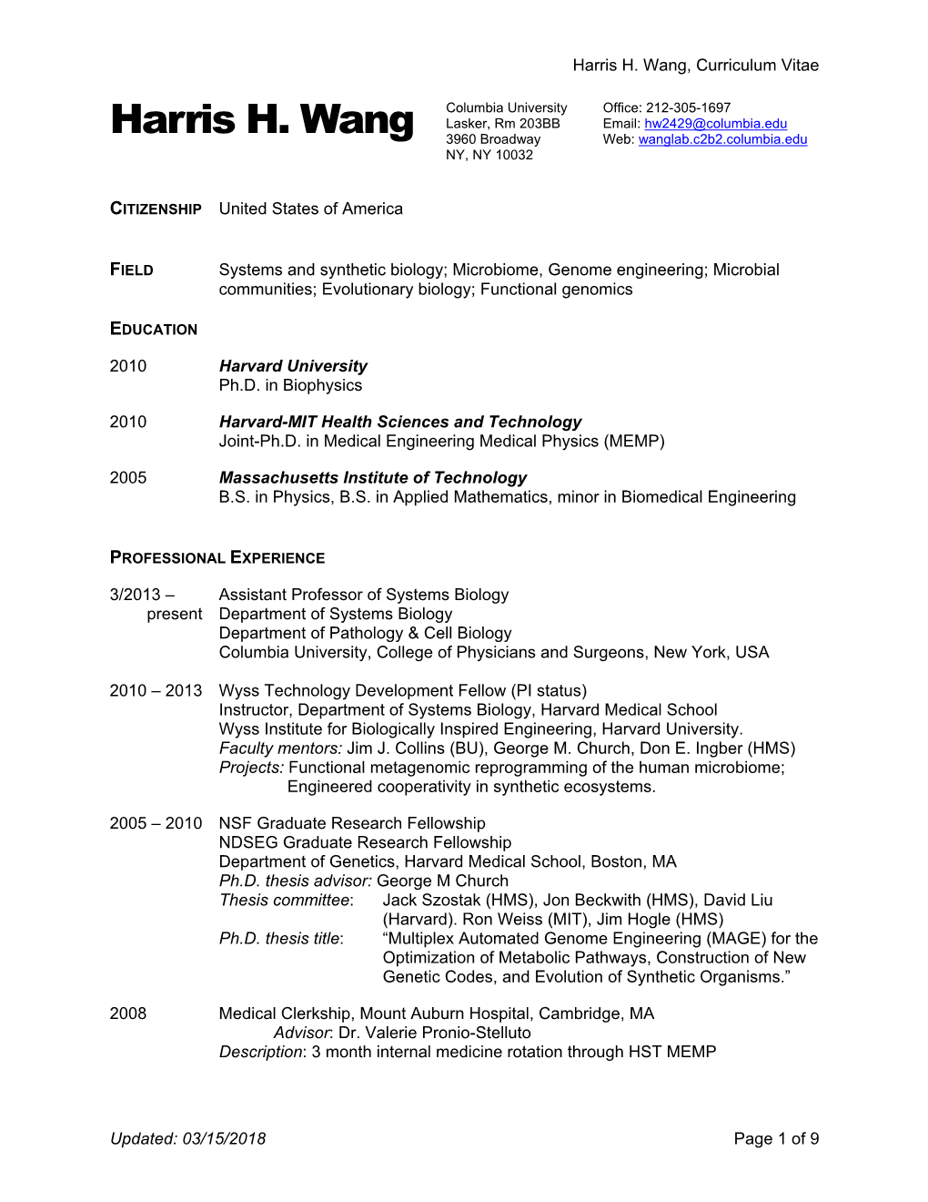 Harris H. Wang, Curriculum Vitae