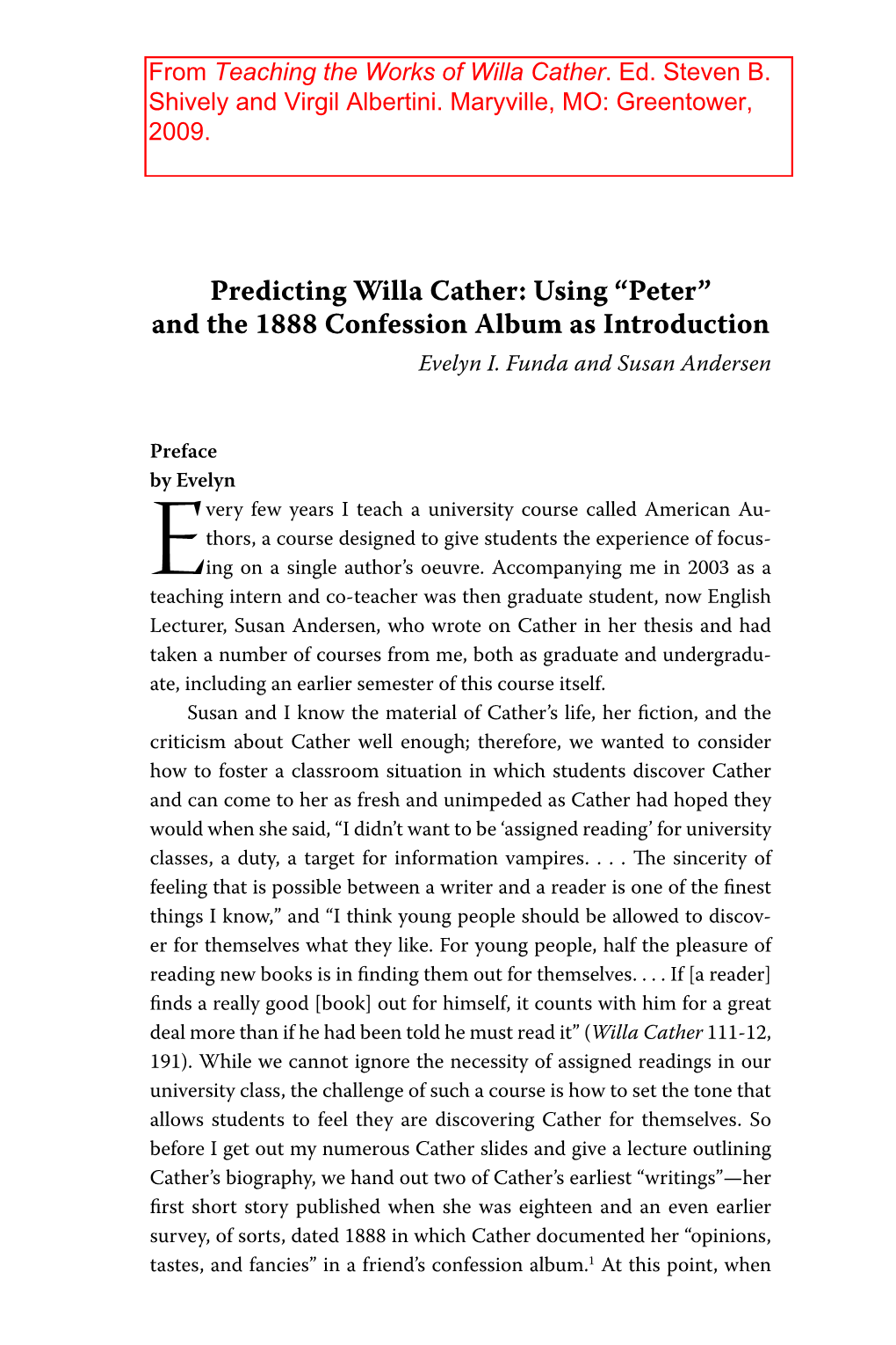Predicting Willa Cather: Using “Peter” and the 1888 Confession Album As Introduction Evelyn I