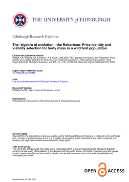 The 'Algebra of Evolution': the Robertson–Price Identity and Viability Selection for Body Mass in a Wild Bird Population