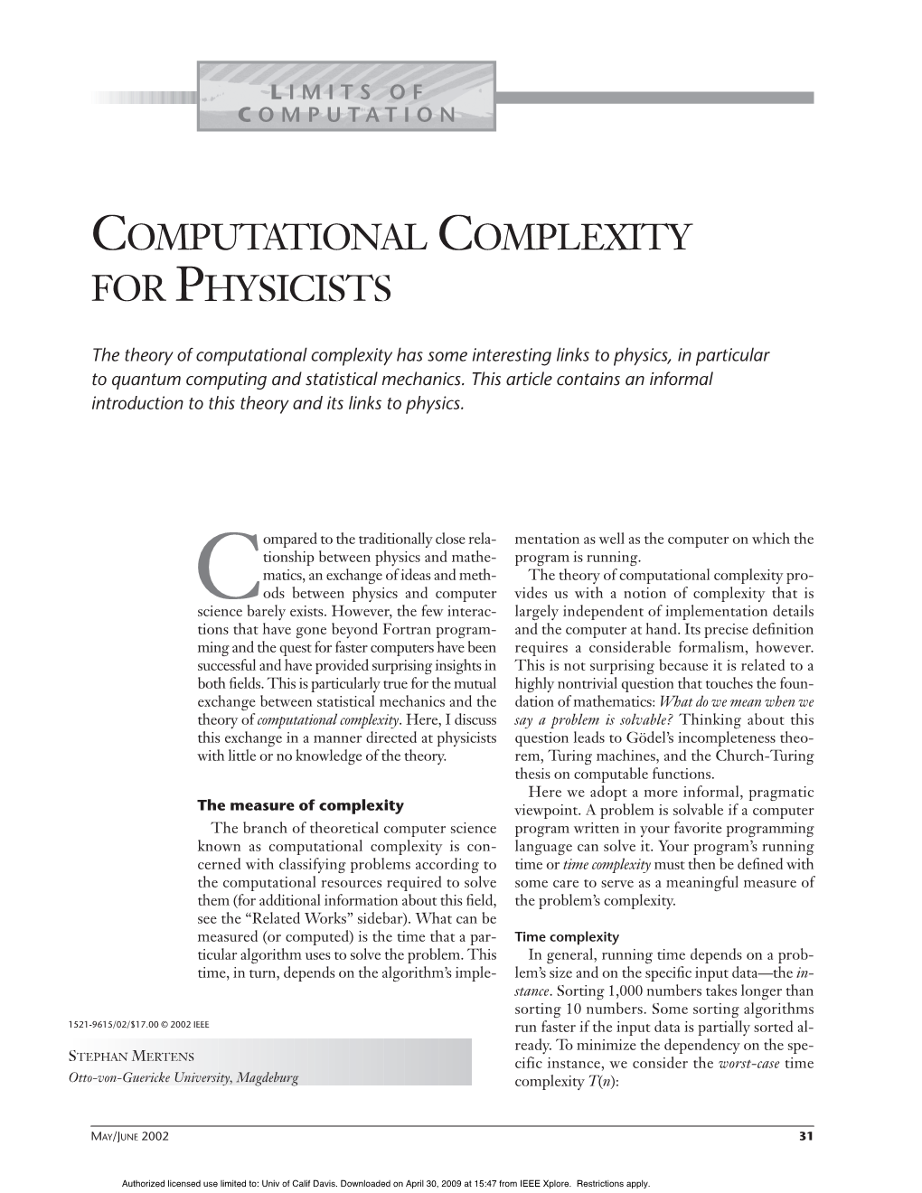 Computational Complexity for Physicists