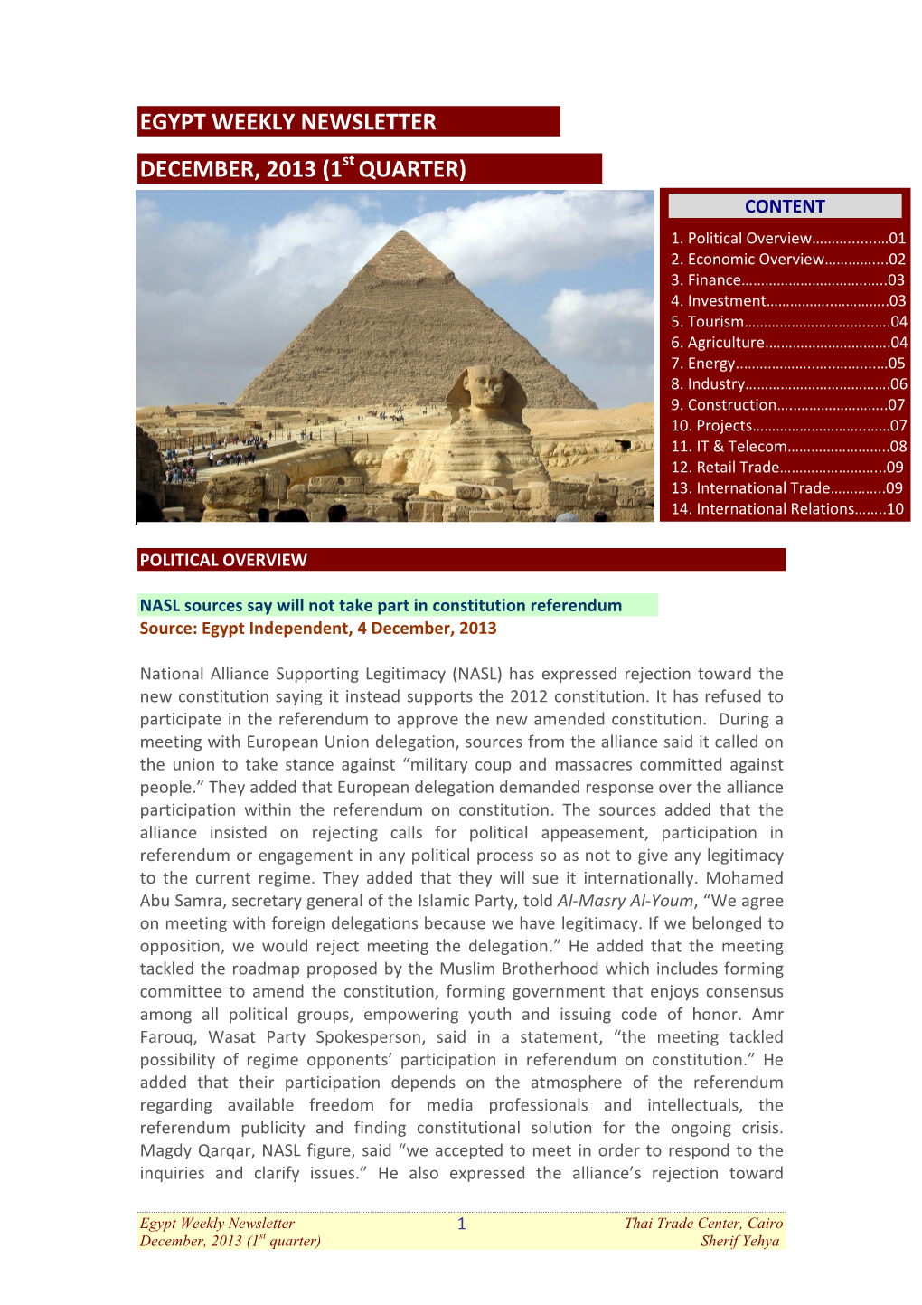 Egypt Weekly Newsletter December 2013, 1St Quarter