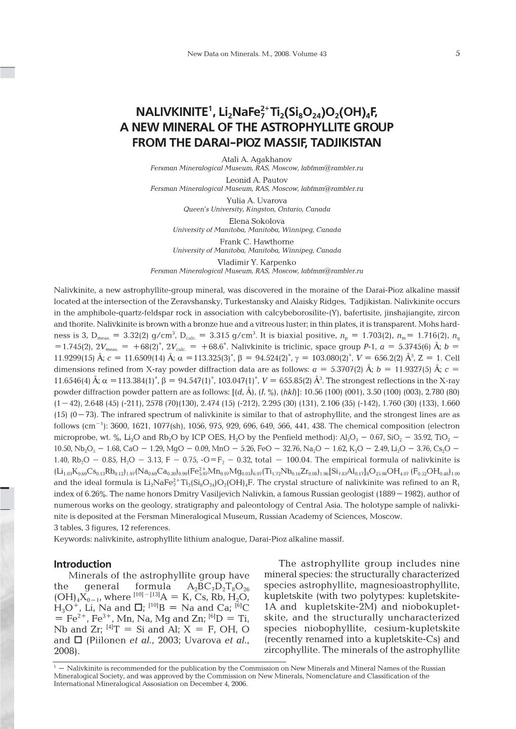 NALIVKINITE1, Li2nafe2+ a NEW MINERAL of THE