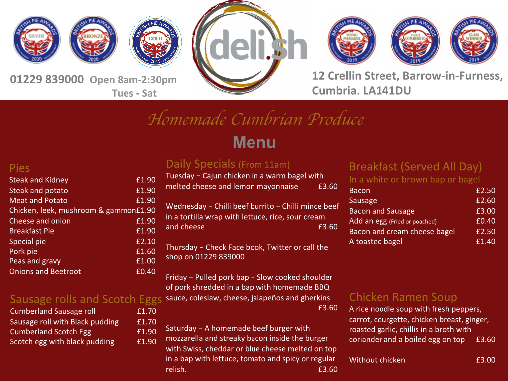 Menu 01229 839000 Open 8Am-2:30Pm Tues