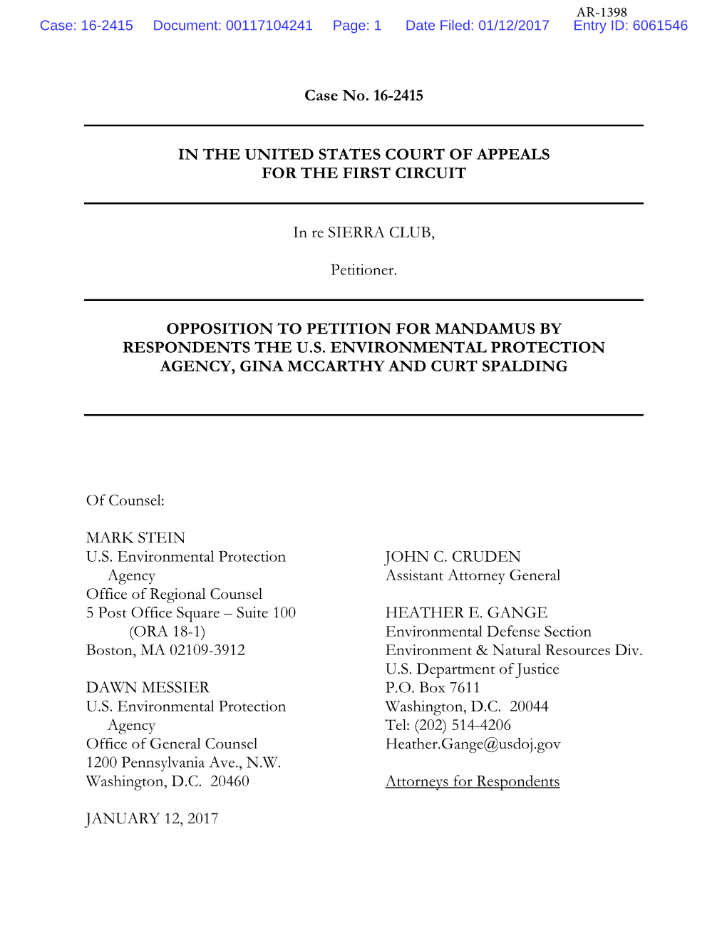 Opposition to Petition for Mandamus by Respondents – the U.S