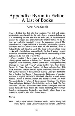 Appendix: Byron in Fiction a List of Books Alex Alec-Smith