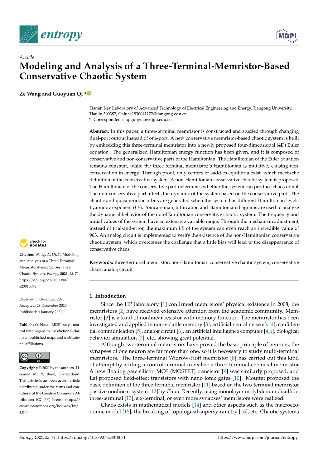 Modeling and Analysis of a Three-Terminal-Memristor-Based Conservative Chaotic System