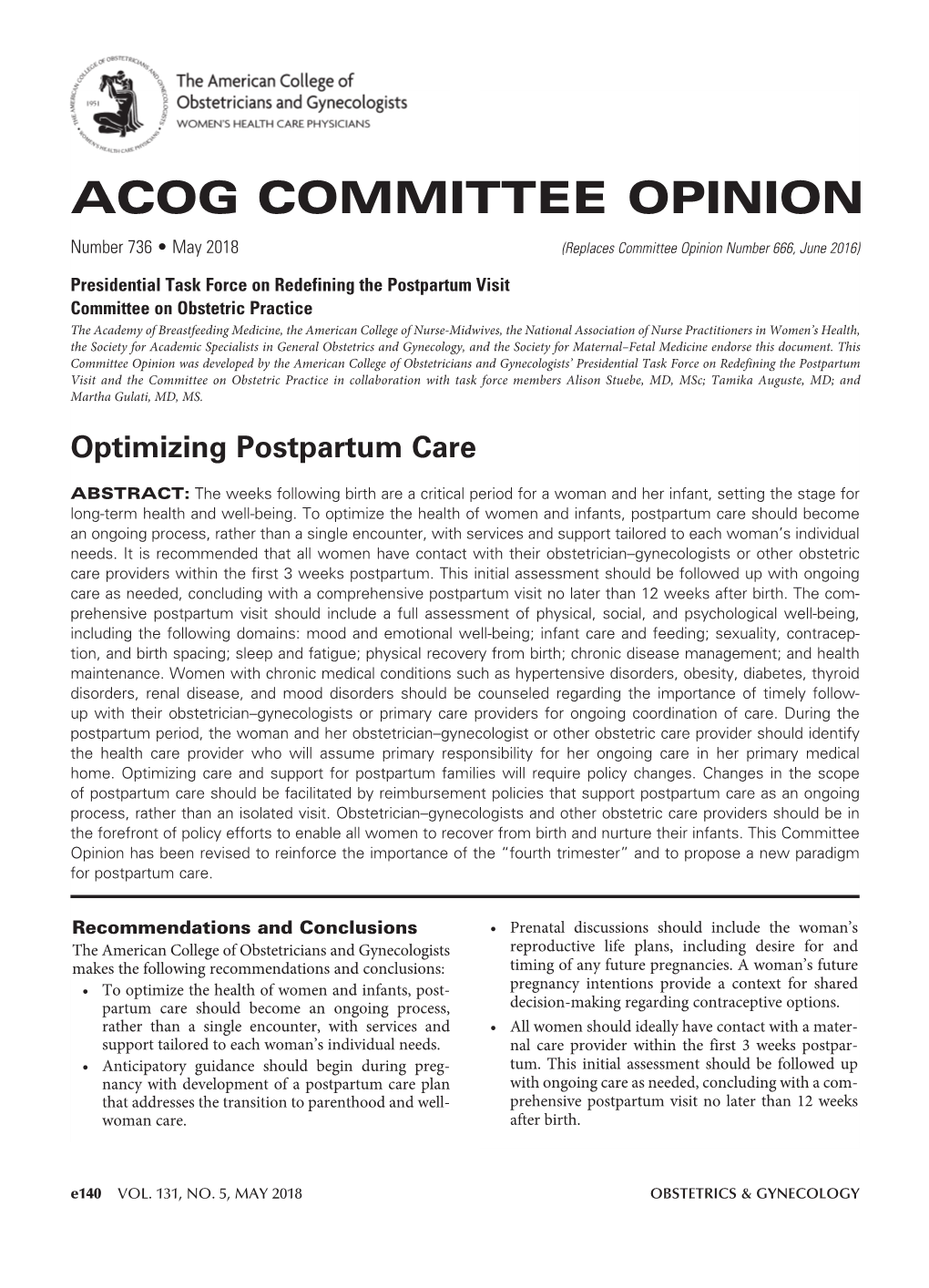 ACOG Committee Opinion, Optimizing Postpartum Care