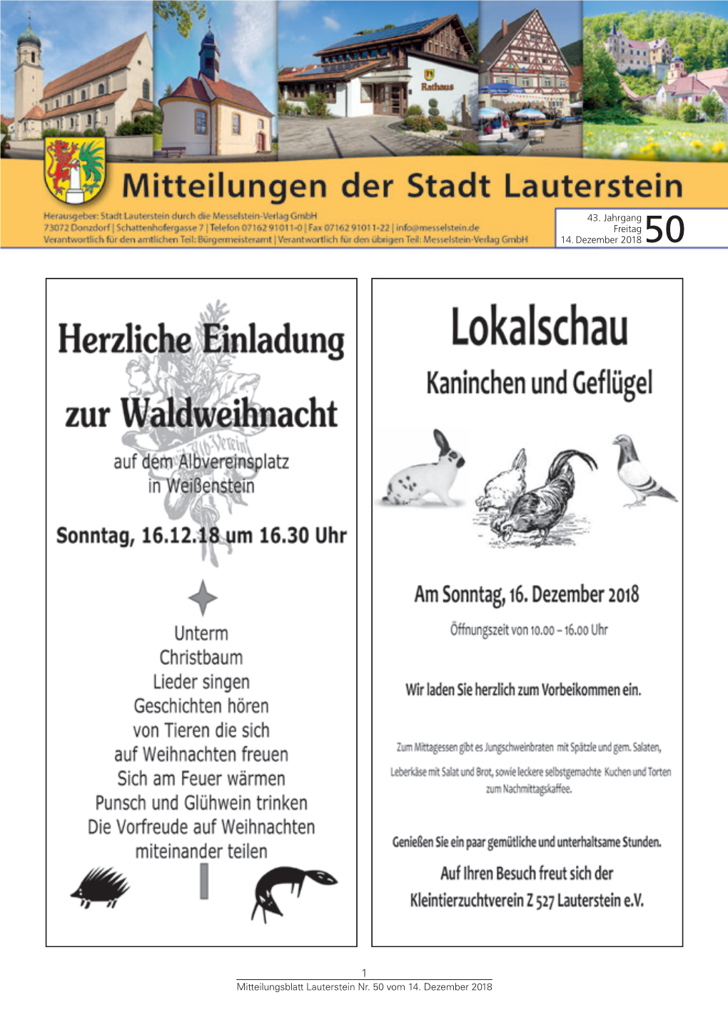 Mitteilungsblatt Lauterstein Nr. 50 Vom 14. Dezember 2018 43. Jahrgang